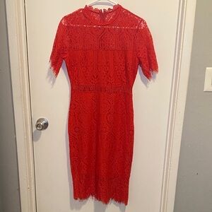 Lulu's Red Lace Midi Dress with Short Sleeves